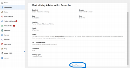 page displaying specific appointment information and cancellation button
