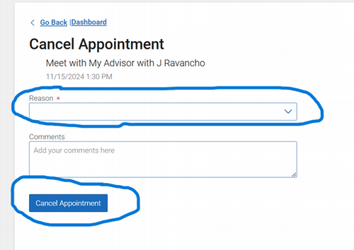 page displaying reason for cancellation dropdown and cancellation button to submit