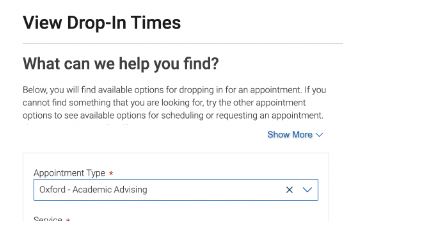Image showing screenshot for drop-in advising appointment