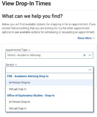 Screenshot of instructions for scheduling a drop-in appointment