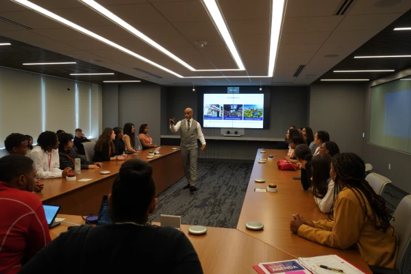 students and presenters in classroom setting
