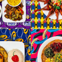 Array of African continent foods on a colorful cloth