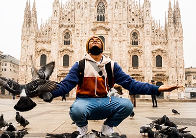 Kyle near a cathedral in Europe