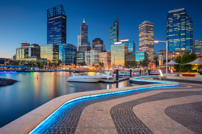 Sunset view of downtown Perth skyline