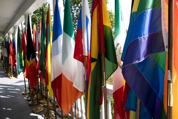 Flags of many nations on poles in a row