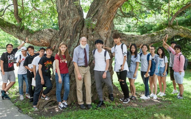 International students on a class trip in a forest with their professor
