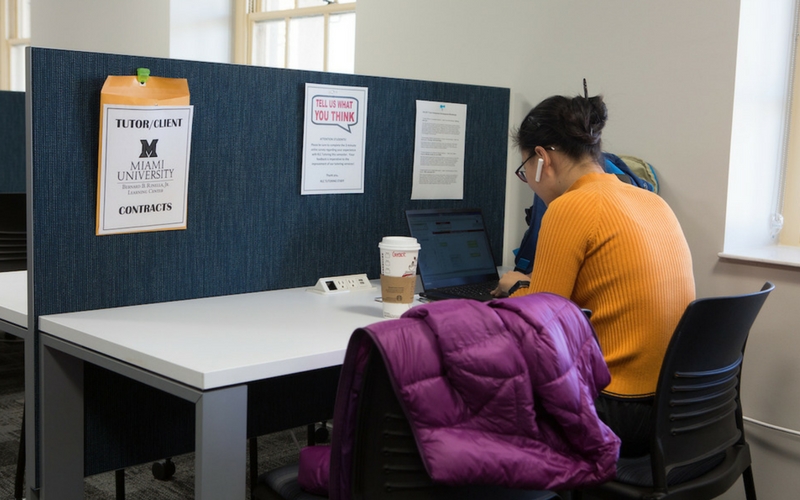 A student studying at a quiet space within the Rinella Learning Center