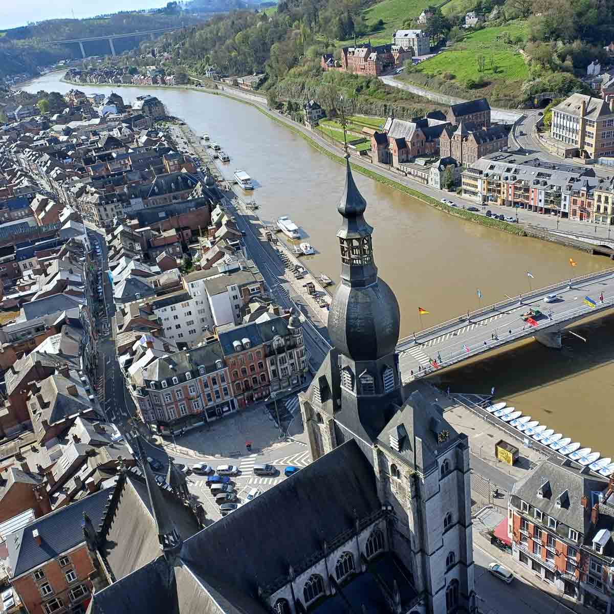 Overhead view of a river running through a European city