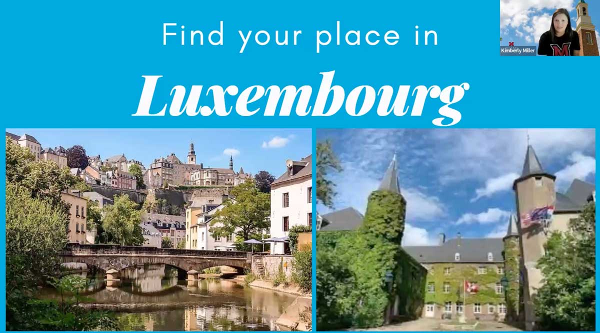 Split-screen collage promoting study abroad in Luxembourg, featuring a scenic town view and Miami University's Luxembourg campus with the title Find Your Place in Luxembourg.