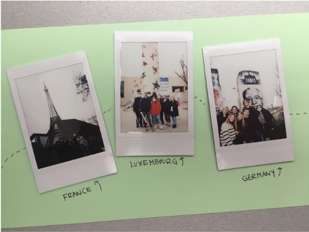Three Polaroid photos of students in France, Luxembourg, and Germany