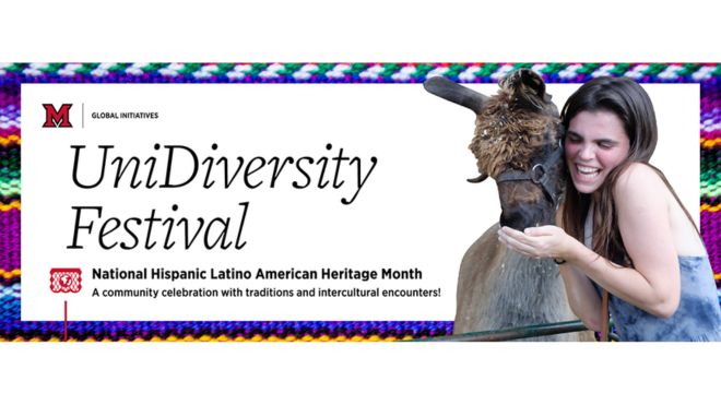 UniDiversity Festival graphic for National Hispanic Latino American Heritage Month featuring a smiling woman feeding a llama.