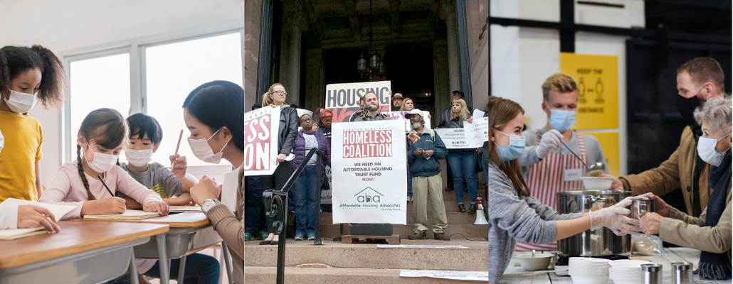 A collage of children in school, people getting food from a soup kitchen, and activists demonstrating on behalf of homeless people, all affected by COVID