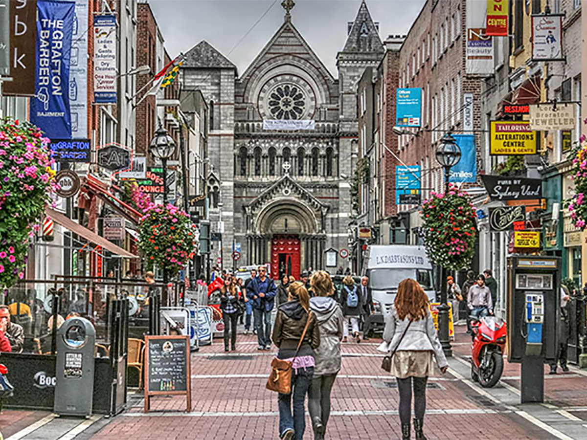 Bright lights and busy street in Dublin