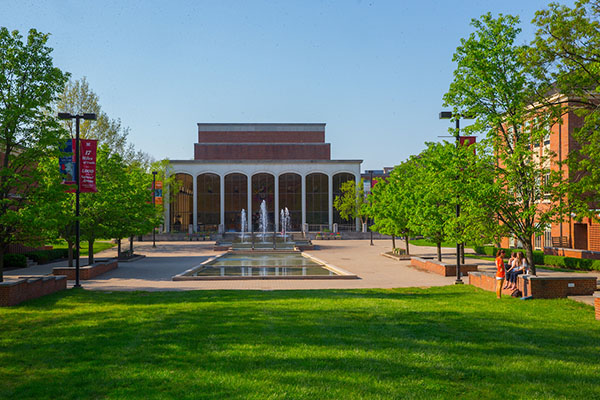 Performing Arts center building with fountain in the spring