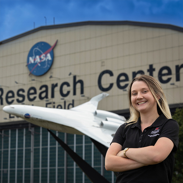 Miami Student Sarah Freeman standing outside a NASA Research Center