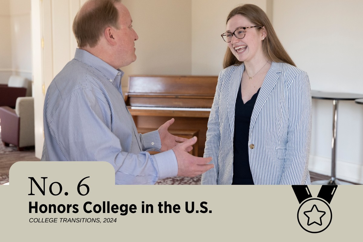 faculty member speaking with female student with a piano in backgroud with Number 6 honors college in the U.S. caption under photo. 