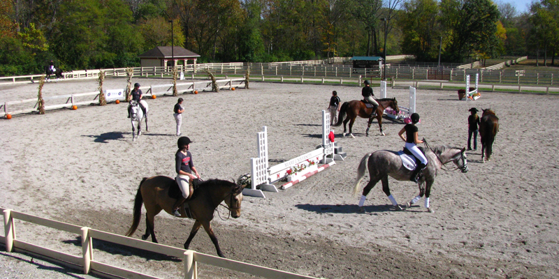 Equestrian team practicing at the equestrian outdoor arena.
