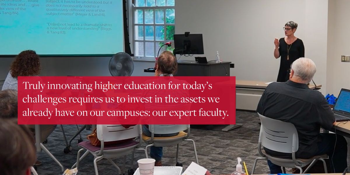 Elizabeth Wardle presents on the faculty writing fellows program. Text: Truly innovating higher education for today's challenges requires us to invest in the assets we already have on our campuses: our expert faculty.