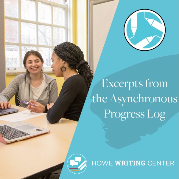 Excerpts from the Asynchronous Progress Log - two students sitting next to each other writing and supporting one-another