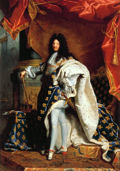 Painting titled Louis XIV ; by Hyacinthe Rigaud. Louis XIV stands in front of a red velvet curtain, ornate column, dressed in white tights and an ermine and blue velvet robe, embroidered with gold fleur de lis. He holds a straight cane. An ornate sword is belted at his side. His crown sits on a small table covered with the same material as the cape.