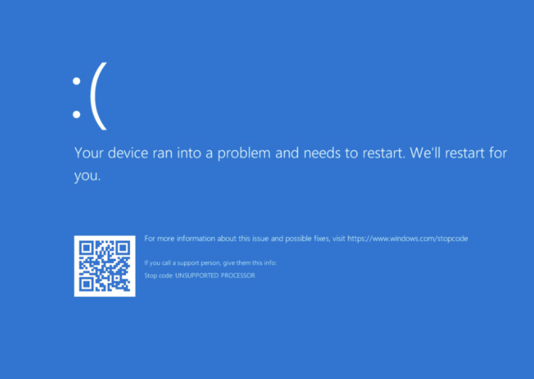 Blue screen of death, or a microsoft screen showing the words 'your device has encountered a problem and needs to restart'