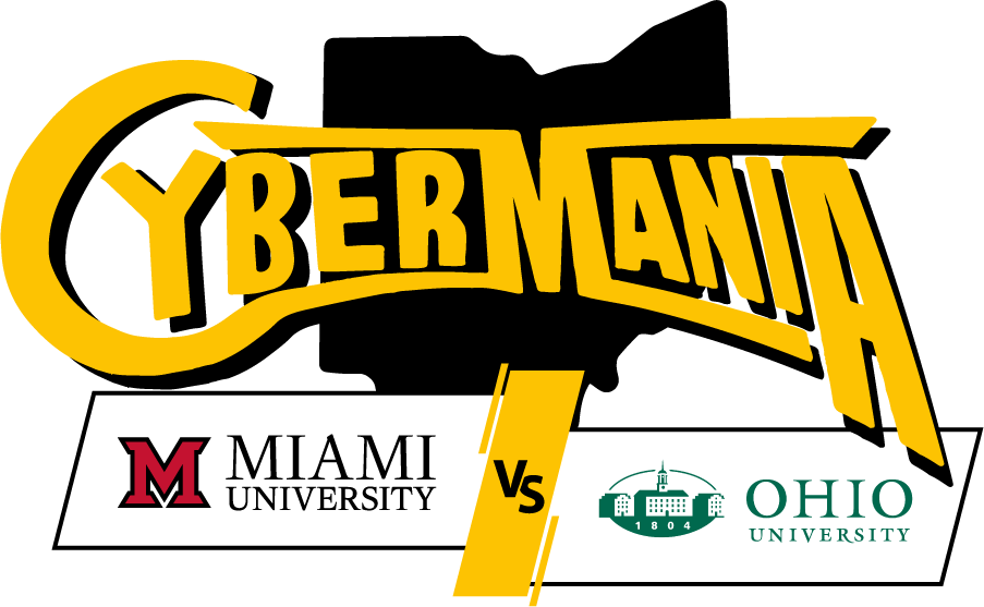 2024 CyberMania Logo. In big letters on top of a black silhouette of the state of Ohio are the words "CyberMania" and below that is the name Miami University with its logo versus the name Ohio University with its logo.