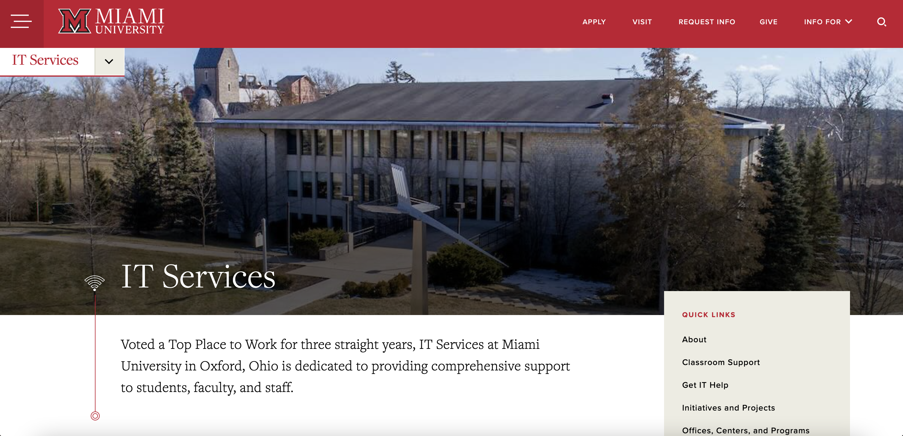 The front page of the IT Services website. It displays the menu, quicklinks that include initiatives, about, classroom support, and a paragraph describing how we won best place to work for three years running.