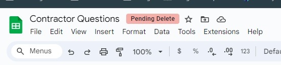 A screenshot of the header of a Google Doc titled Contractor Questions. A pink label that says Pending Delete is next to the title.