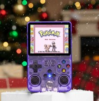 handheld gaming device advertising a Pokemon game