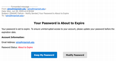 A screenshot of a phishing email that states, "Your password is about to expire." There are two large buttons labeled "Keep My Password" and "Modify Password"