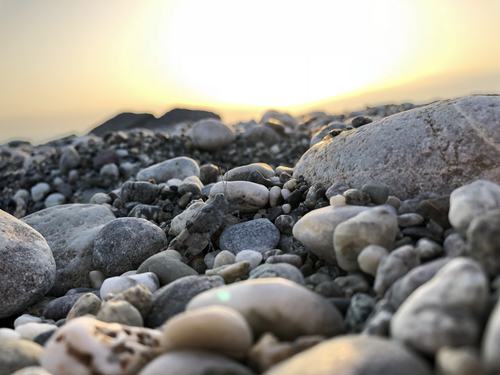 A close-up view of smooth pebbles on the beach