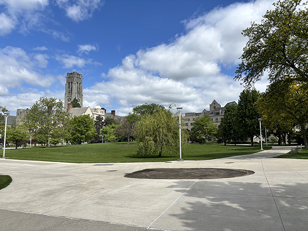 the campus of the University of Toledo, sun shining and blue skies