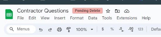 A screenshot of the header of a Google Sheet with a pink "Pending delete" label after the title of the sheet
