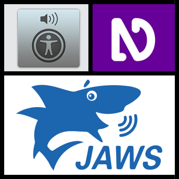 Screen reader logos, including VoiceOver, Jaws and NVDA 