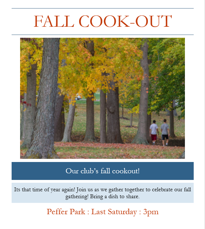 Example of text about a fall cook-out embedded in an image. Alt text is necessary to convey the meaning.