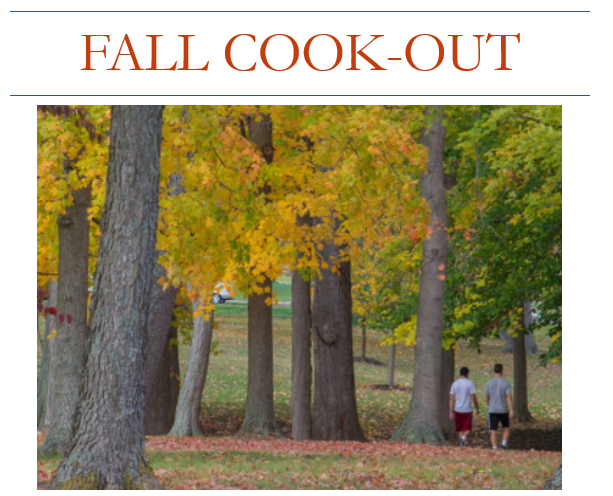Fall scene with header Fall Cook-Out. Additional text is included outside of the image.
