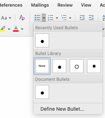 Screenshot of list options in a Word document
