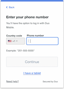 Enter your phone number. You'll have the option to log in with Duo Mobile, then click continue.