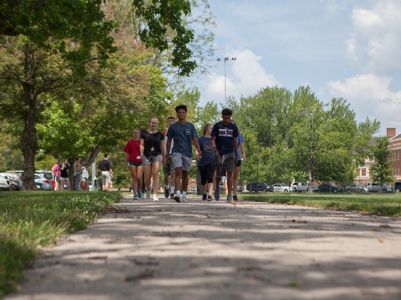 Students walking across campus