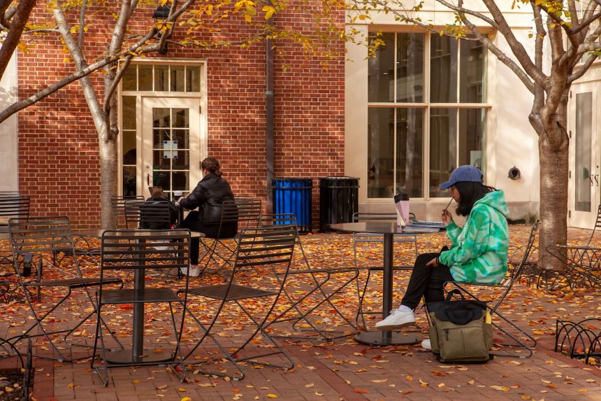 Student sits outside with laptop while group gathers in the background.