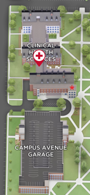 Map of the Clinical Health Sciences and Wellness Facility, with the southeast corner of the building starred as the entrance to Student Health Services. 