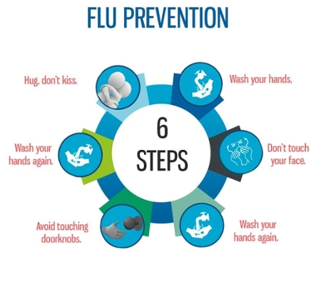 Flu Prevention. 6 steps. Wash your hands. Don't touch your face. Wash your hands again. Avoid touching door knobs. Wash your hands again. Hug, don't kiss. 