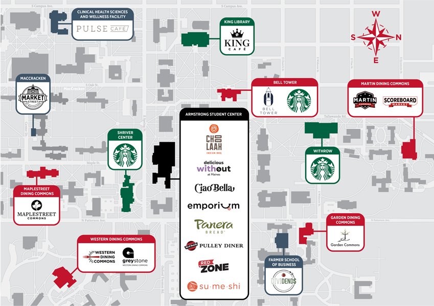 Map showing locations of places to eat on campus