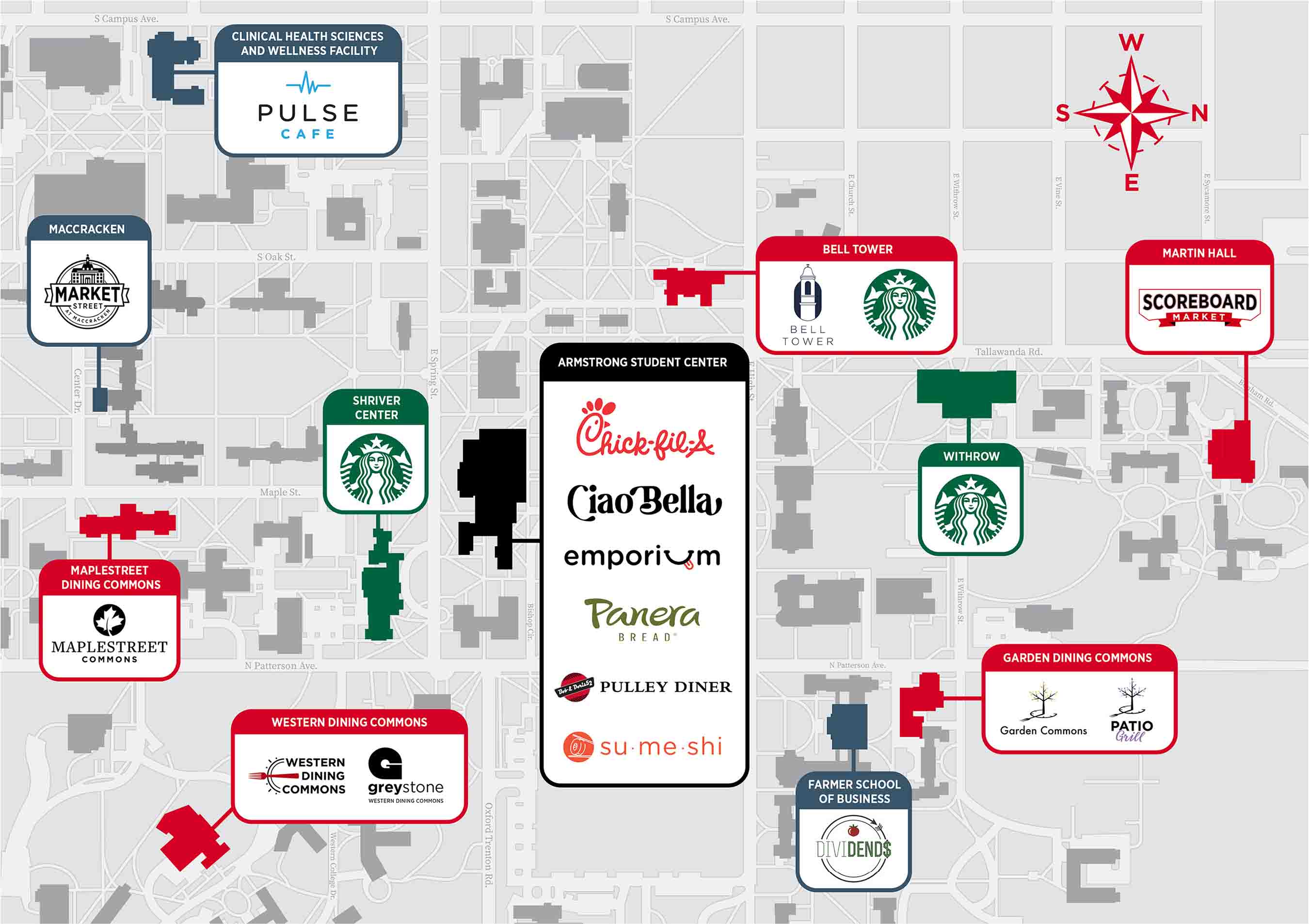 Map showing locations of places to eat on campus