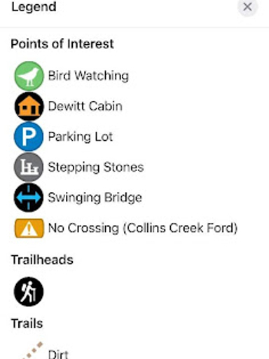 trail map app showing ways to filter by points of interest