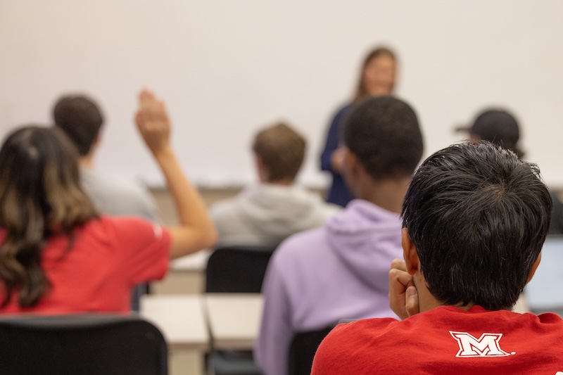 Students in a classroom setting from the back of the room. 
