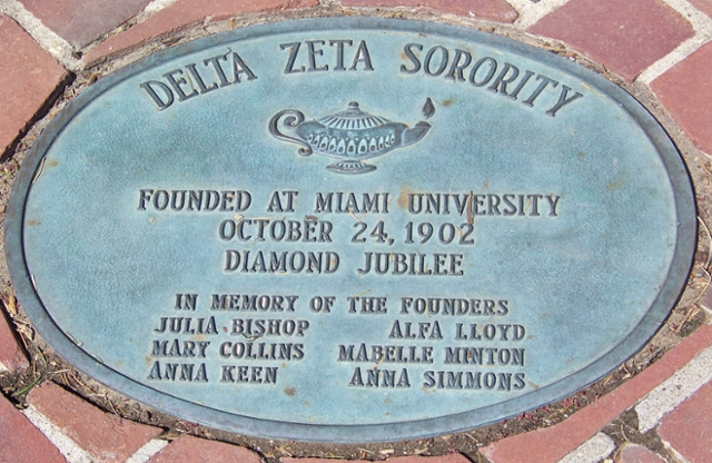 Circular Seal that Reads Delta Zeta Sorority. Founded at Miami University October 24, 1902, Diamond Jubilee. In Memory of the founders, Julia Bishop, Mary Collins, Anna Keen, Alfa Lloyd, Mabelle Minton Anna Simmons.