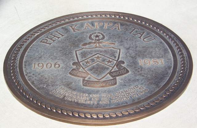Circular Seal that reads Phi Kappa Tau 1906. 1981. Presented on the diamond anniversary of its founding at Miami University on March 17, 1906.