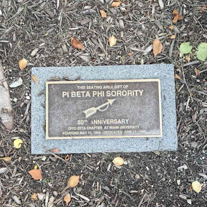 This seating area gift of Pi Beta Phi Sorority. 50th Anniversary. Ohio Zeta Chapter at Miami University. Founded May 11, 1945. Dedicated June 17, 1995. 