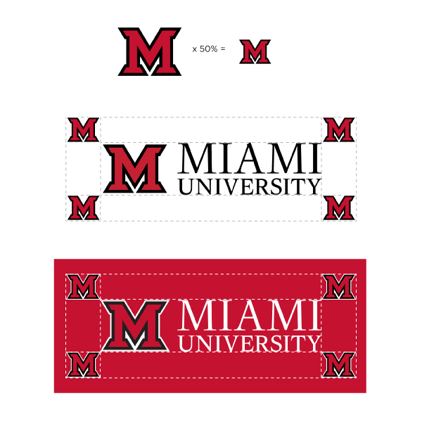 A Block M next to a Block M that is half the size. The Miami University logo with four half sized block M's in each corner to show the amount of safe space needed.